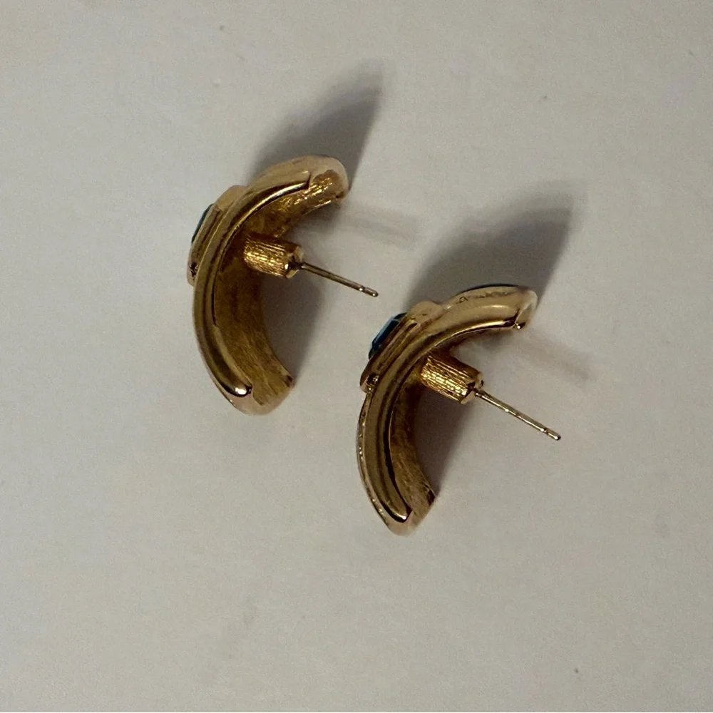 CHRISTIAN DIOR EARRINGS Unsigned BLACK ENAMEL BLUE CLEAR CRYSTALS HUGGIE POST - Picture 9 of 10